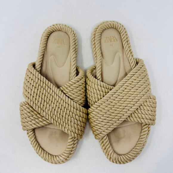 Zara Beige Rope Slide Sandals Size 38 Coastal Boho Minimalist Beach Vacation - Picture 4 of 12